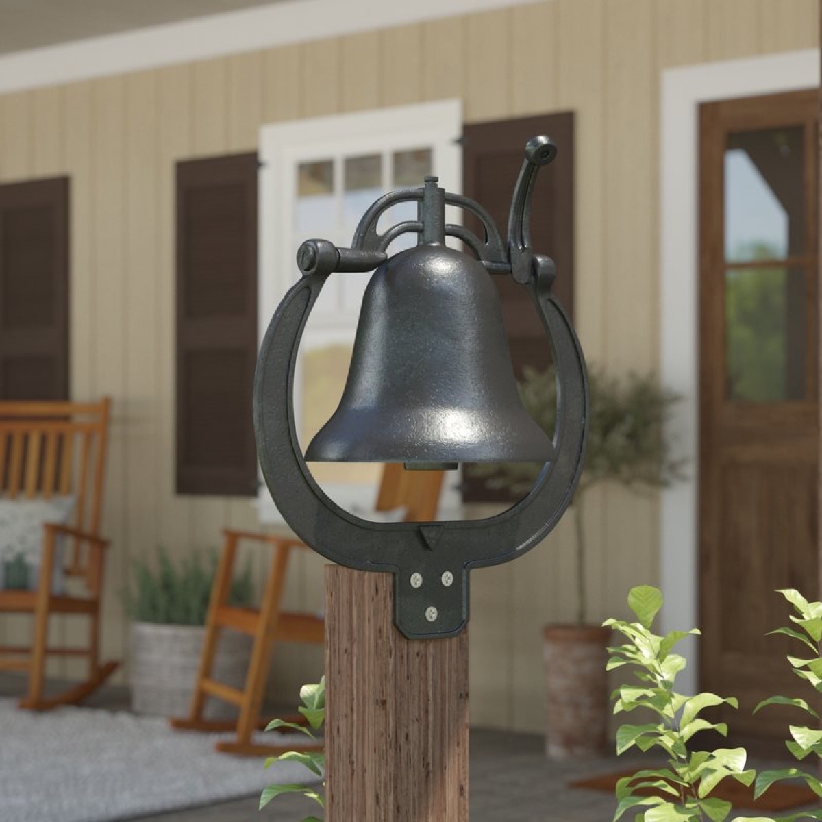 bell hung on the outside of home, rustic farmhouse decor