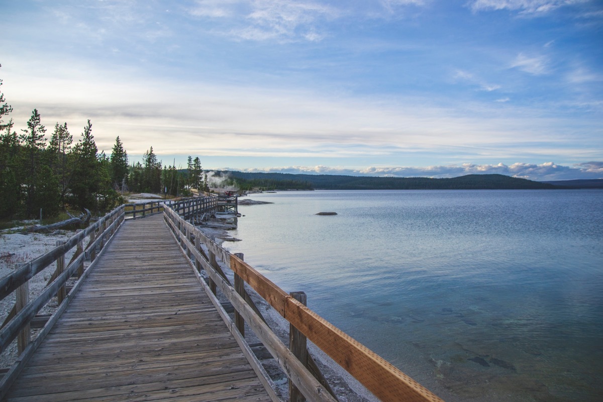 pier on the beach of yellowstone lake