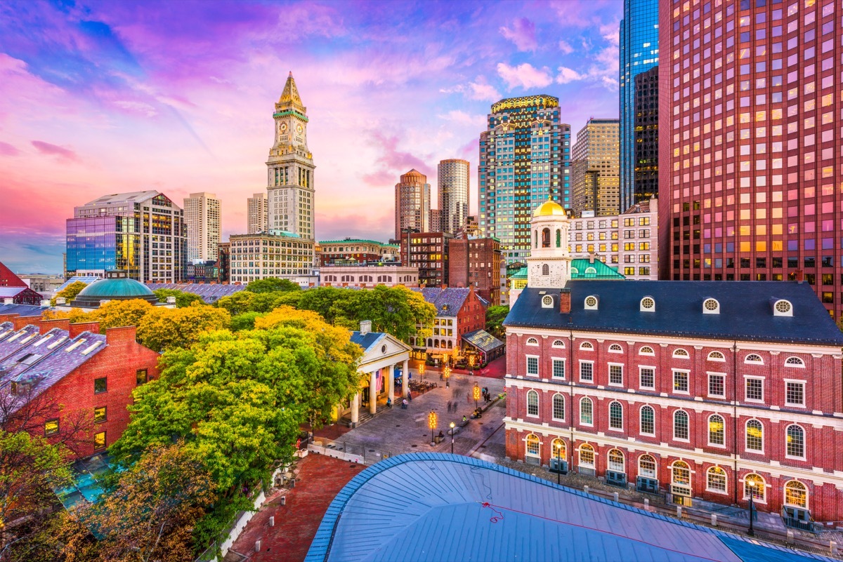 fanueil hall marketplace and the custom house tower in boston massachusetts