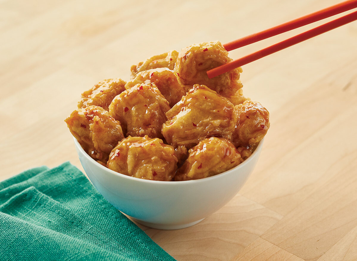 plant based orange chicken in a bowl