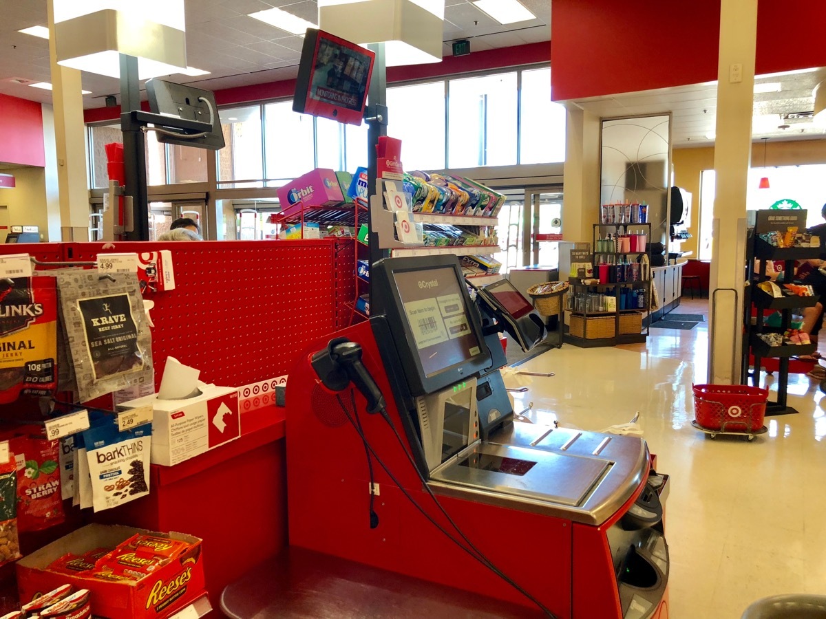  An unmanned self checkout machine waits for customers inside of a Target retail store