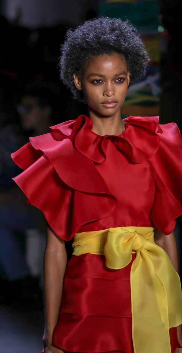 New York, NY, USA - February 10, 2019: A model walks runway for the Prabal Gurung Fall/Winter 2019 collection during New York Fashion Week at Spring Studios, Manhattan