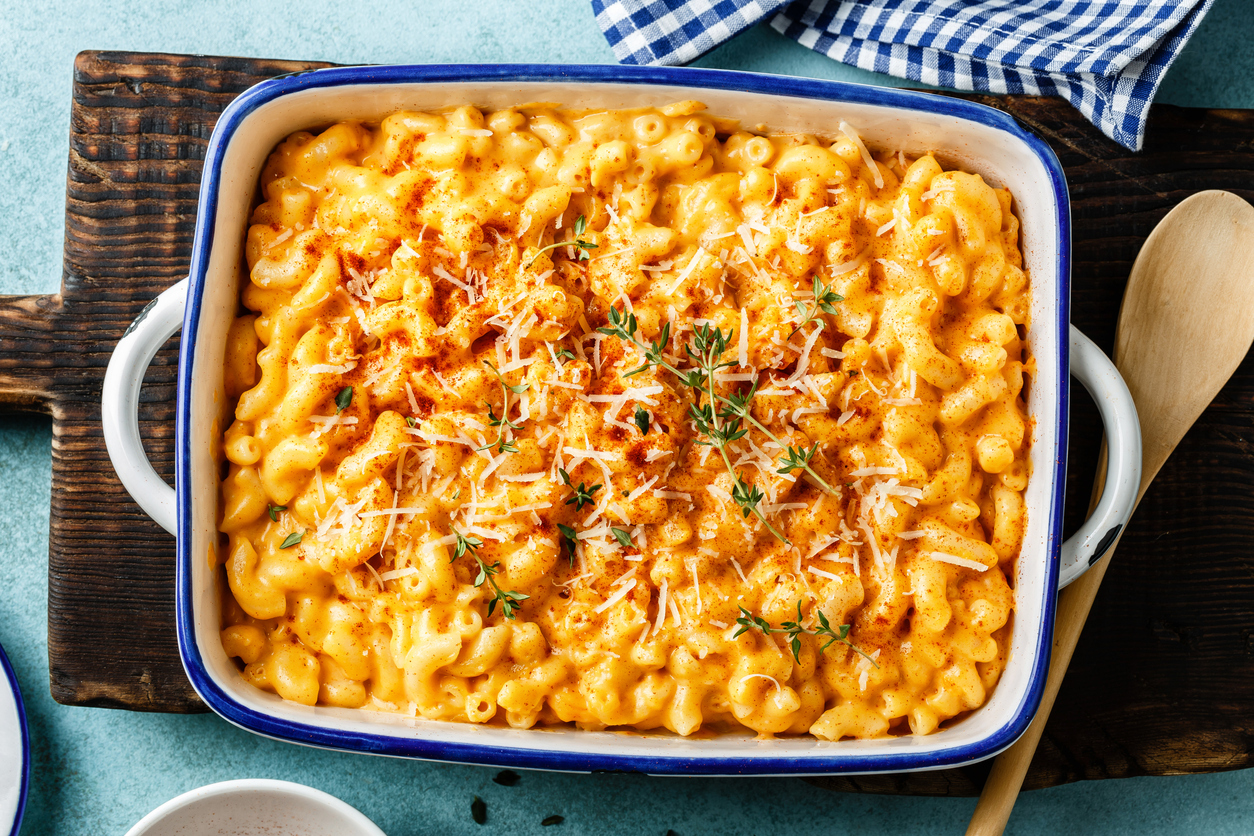 Mac and cheese. traditional american dish macaroni pasta and a cheese sauce