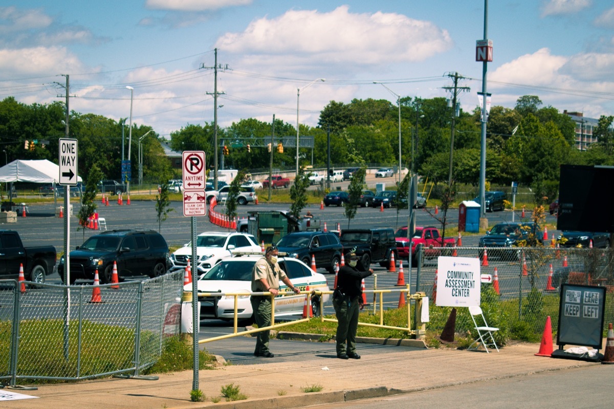 Vehicles lined up to get tested for covid-19 at the Community Assessment Center.