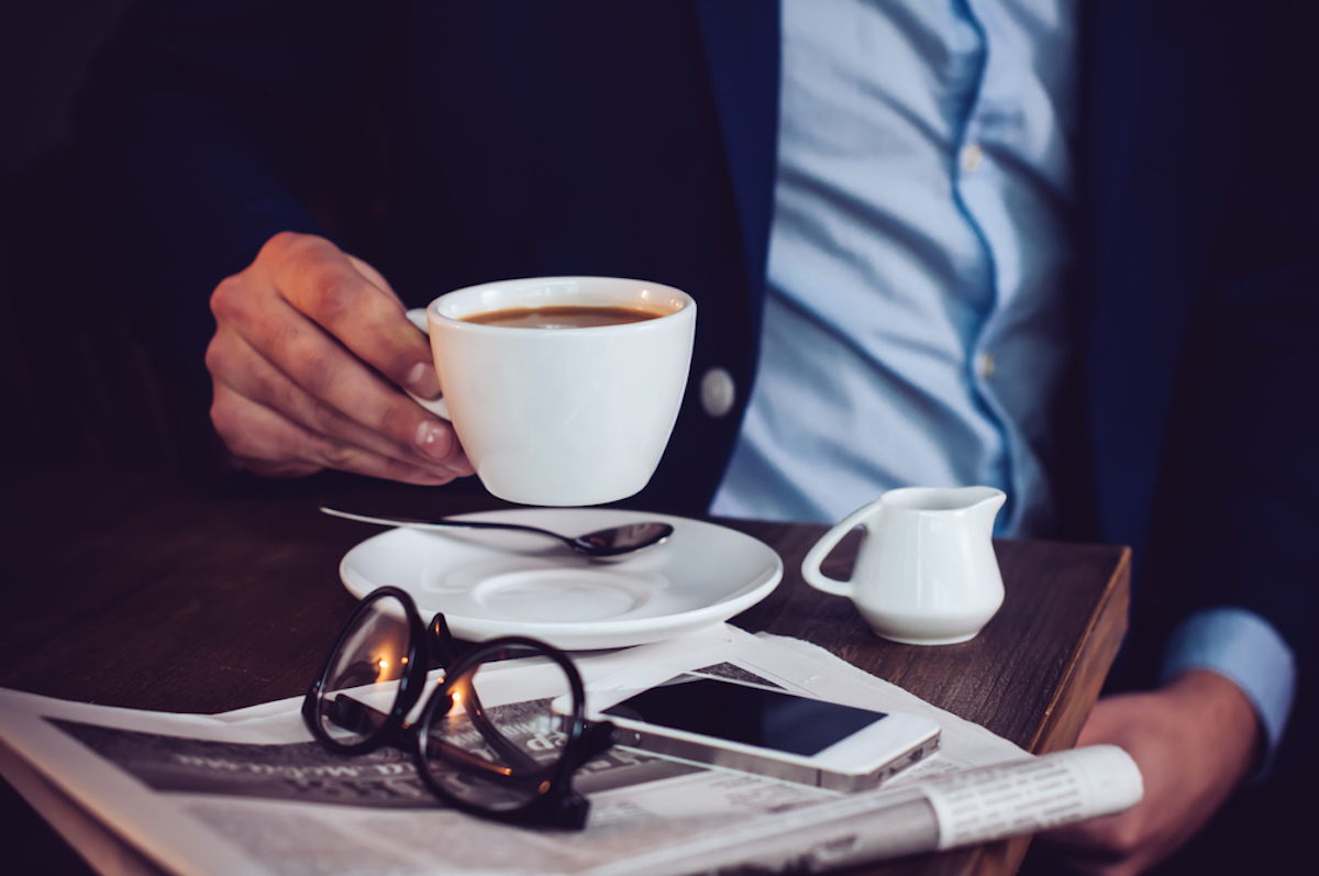 businessman drinking coffee, office etiquette