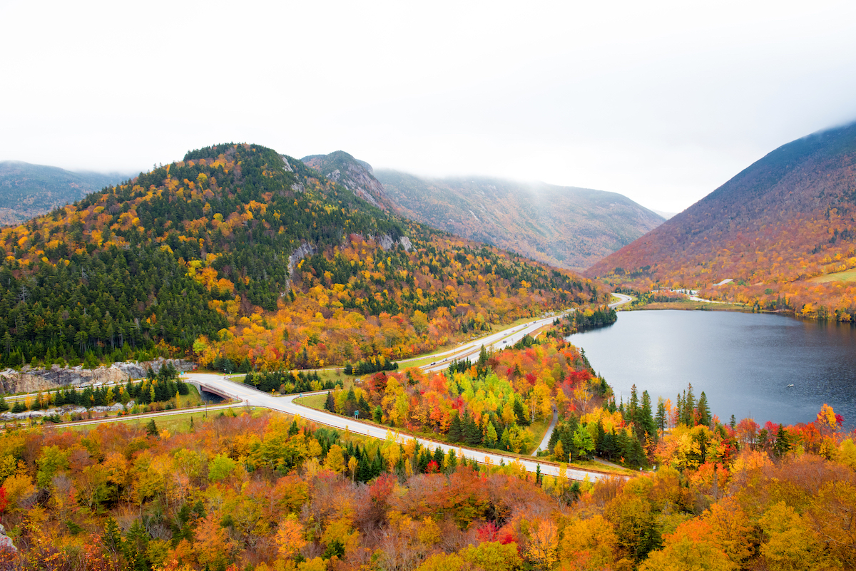 Franconia Notch and Echo Lake, New Hampshire in autumn.