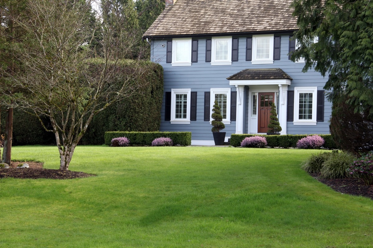 traditional blue home with dark shutters