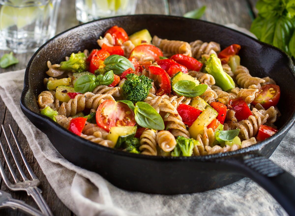 Pasta in a cast iron skillet