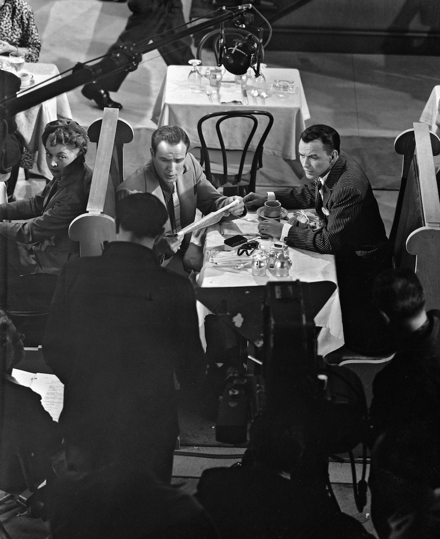 Marlon Brando and Frank Sinatra on the set of 