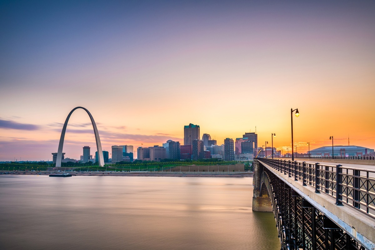 St. Louis, Missouri, USA downtown cityscape on the Mississippi River at twilight.