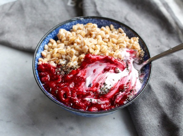 warm farro & berry yogurt bowl