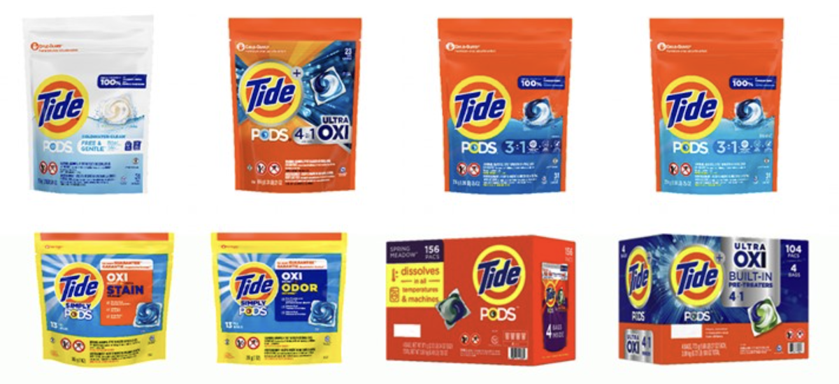 various Tide laundry pod packages