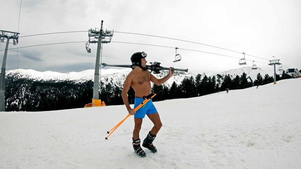 Man in shorts skiing