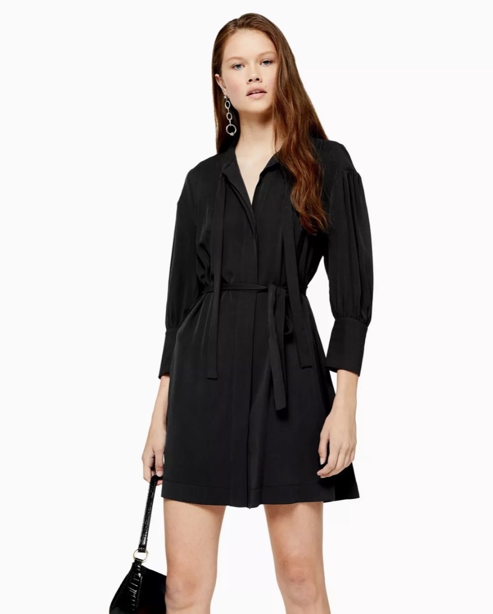 woman wearing black wrap dress, fall dresses