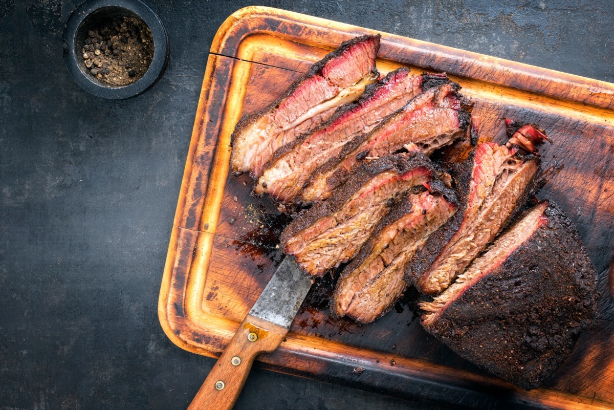 sliced brisket on cutting board