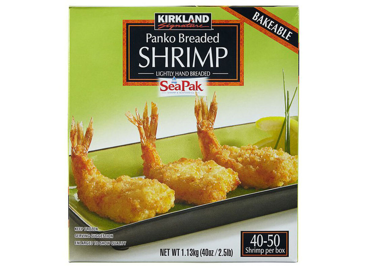 box of frozen kirkland signature panko breaded shrimp from costco