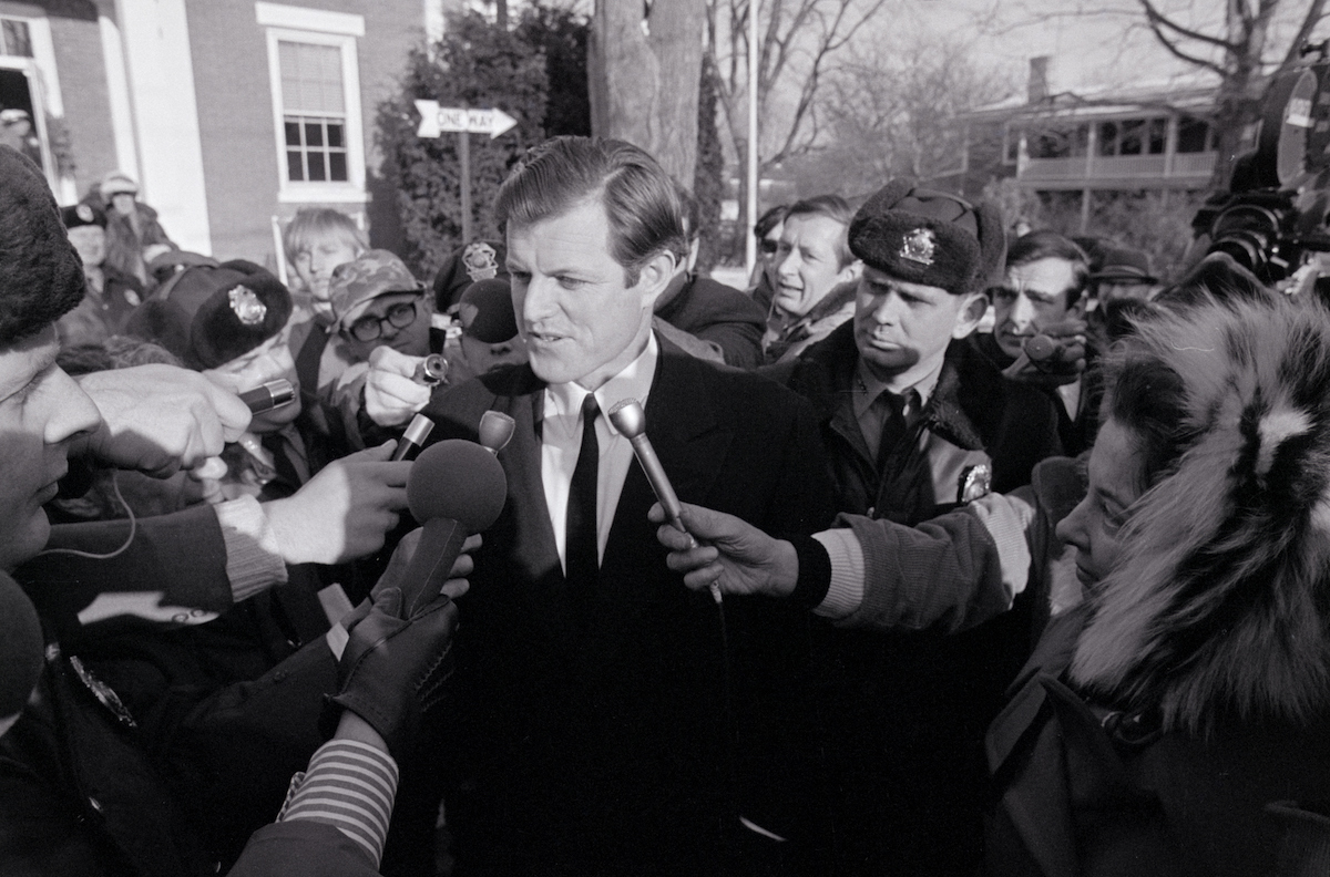 Ted Kennedy speaking to reporters on January 5, 1970