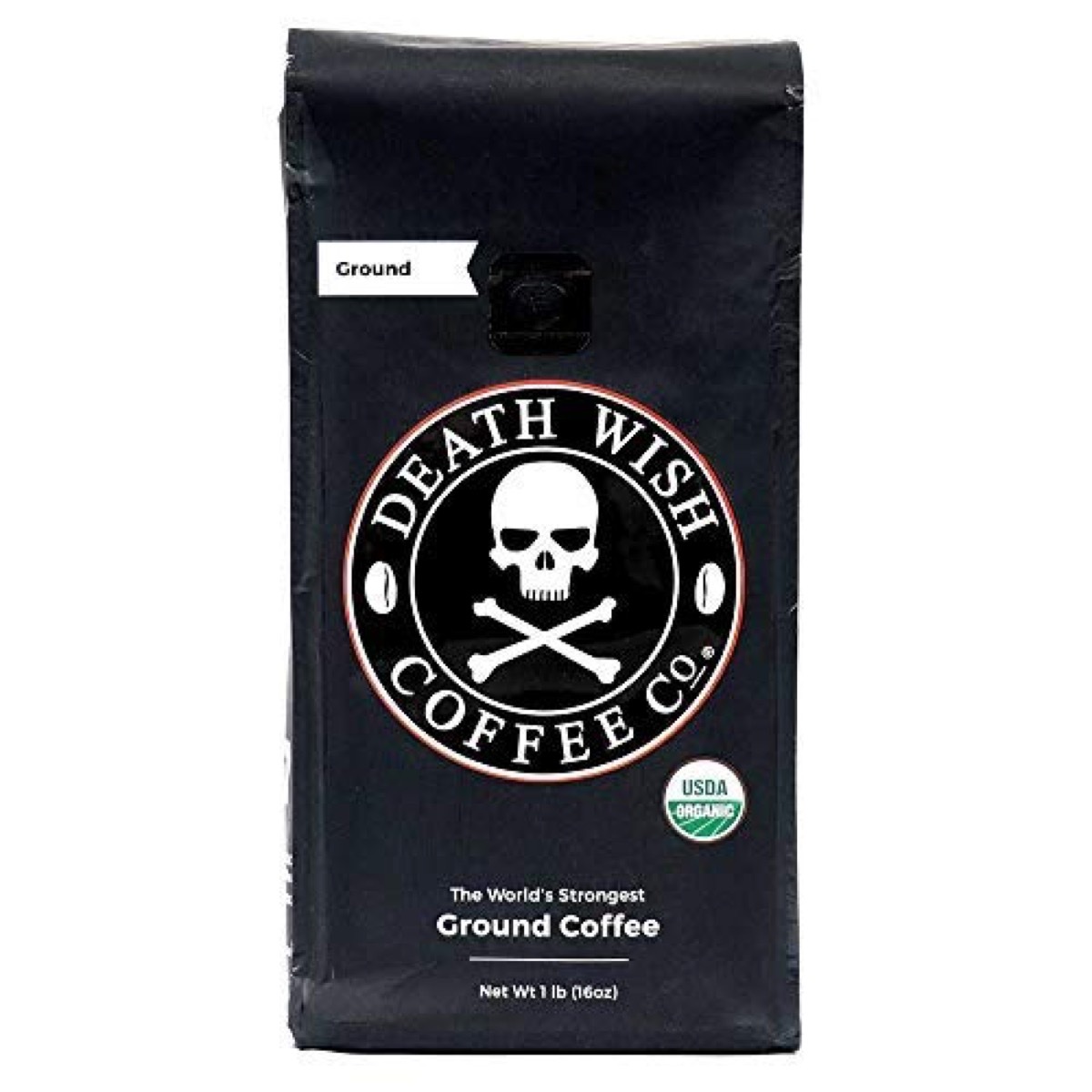 black bag of death wish coffee on white background